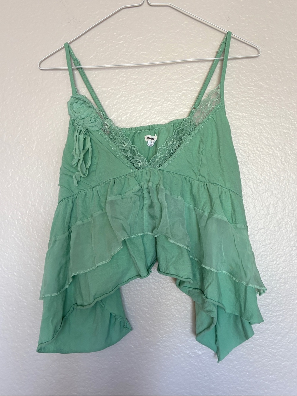Kimchi Blue 100% Cotton Mint Green Ruffled Lace Babydoll Top Asymmetrical Hem